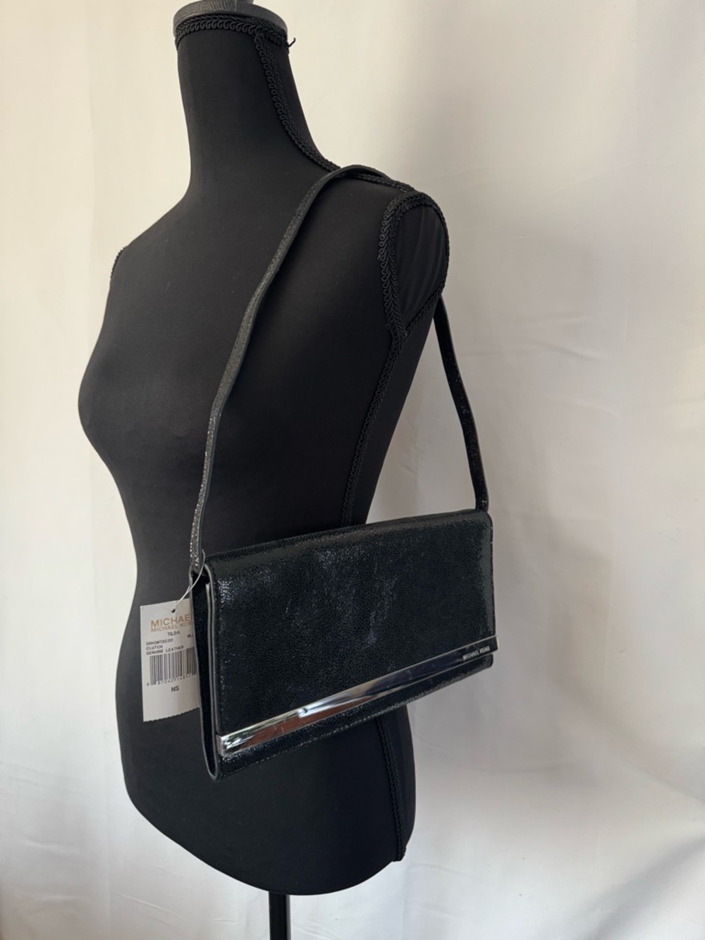 NWT Michael Kors Tilda Black Genuine Leather Clutch Bag Silver Hardware